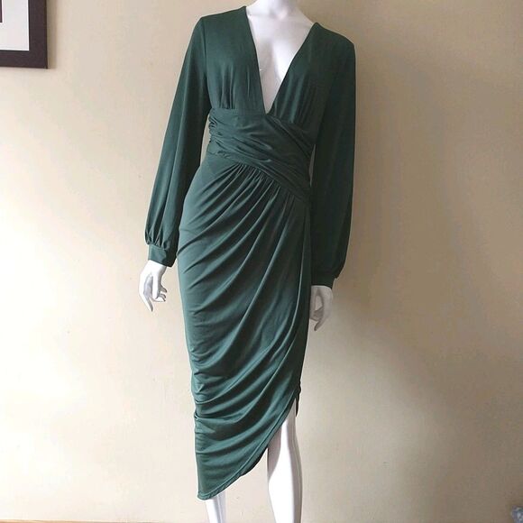 Baltic Born Dresses & Skirts - BalticBorn Solana Ruched Dress L Green Faux Wrap Puff Sleeve Babydoll Draped